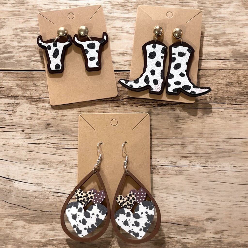 New Western Cow Print Wooden Earring Trio Bundle